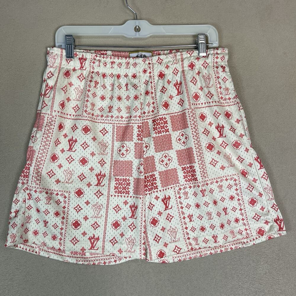 Street Market Supply Short Mens S White Red Mesh Elastic Waist Geometric Print